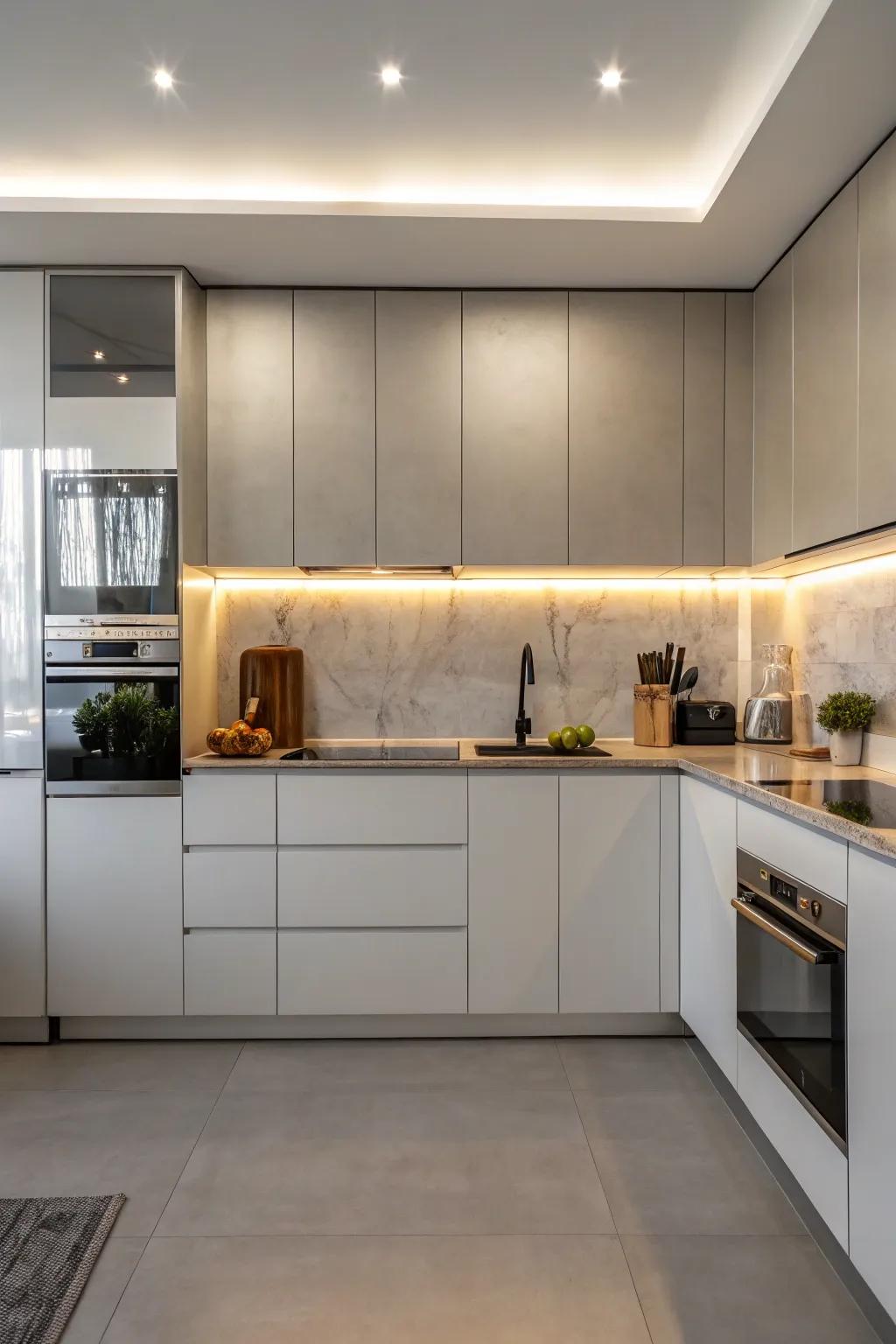 A reflective backsplash adding depth and brightness to a minimalist kitchen.