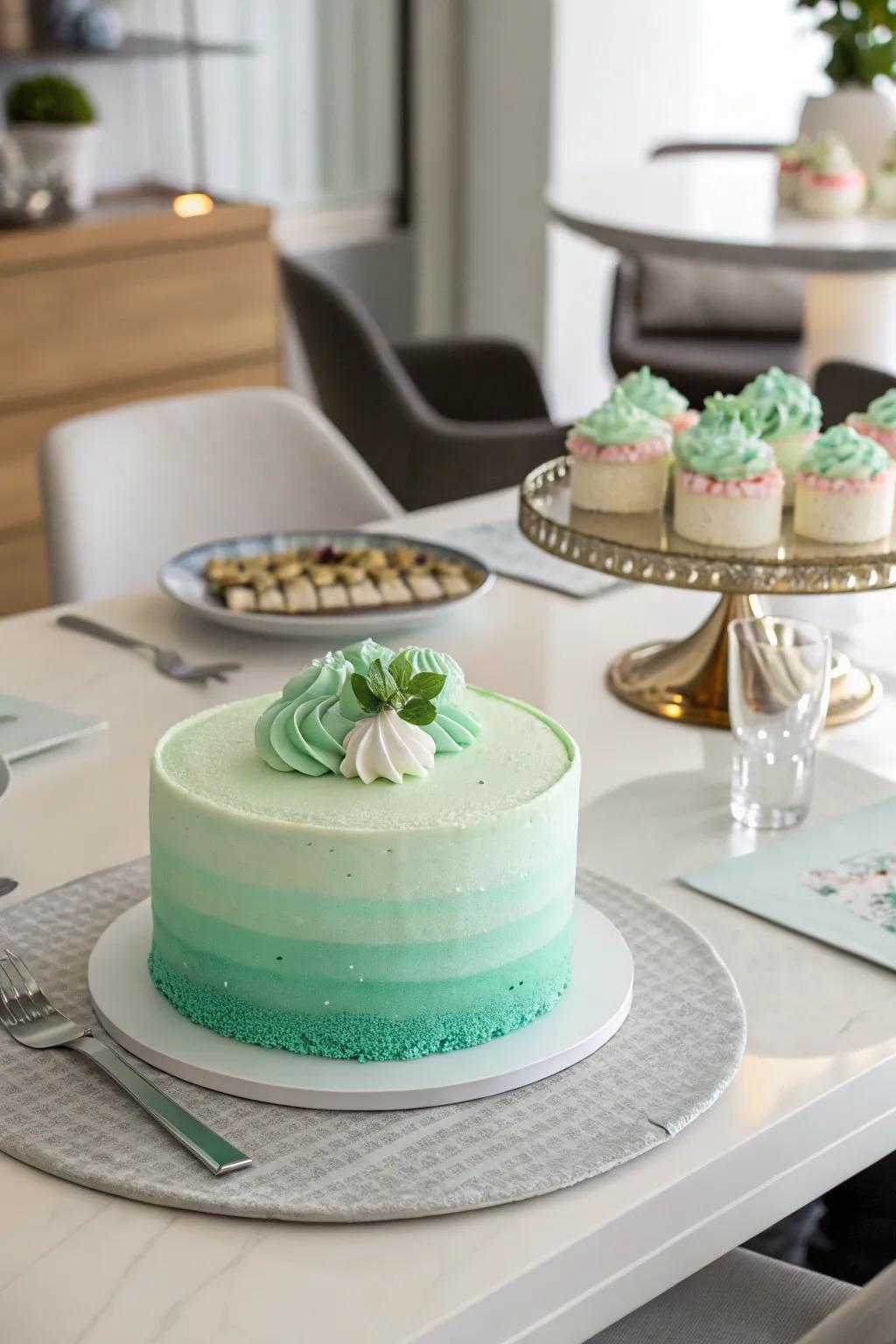 A mint green cake with a stunning ombre effect.