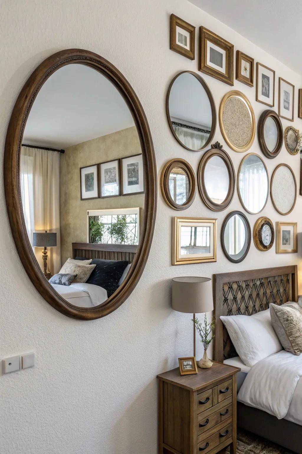 A gallery wall of mirrors adds character and reflects light beautifully.