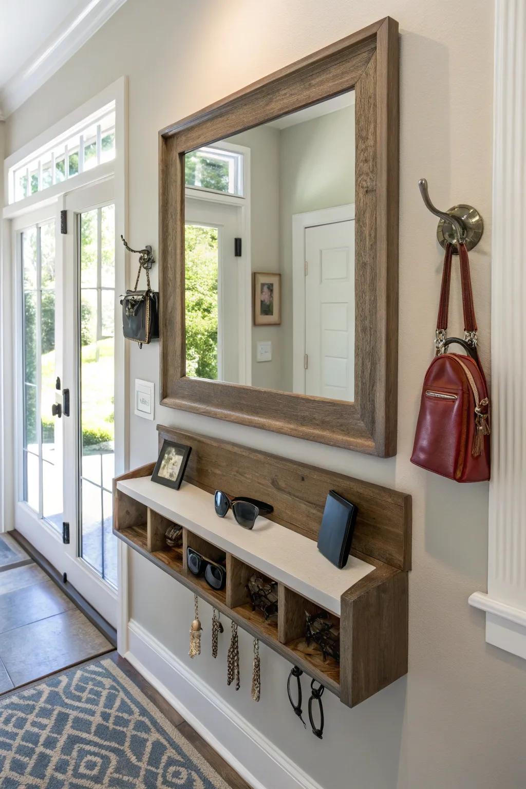 A handy entryway mirror with a key holder for easy access.