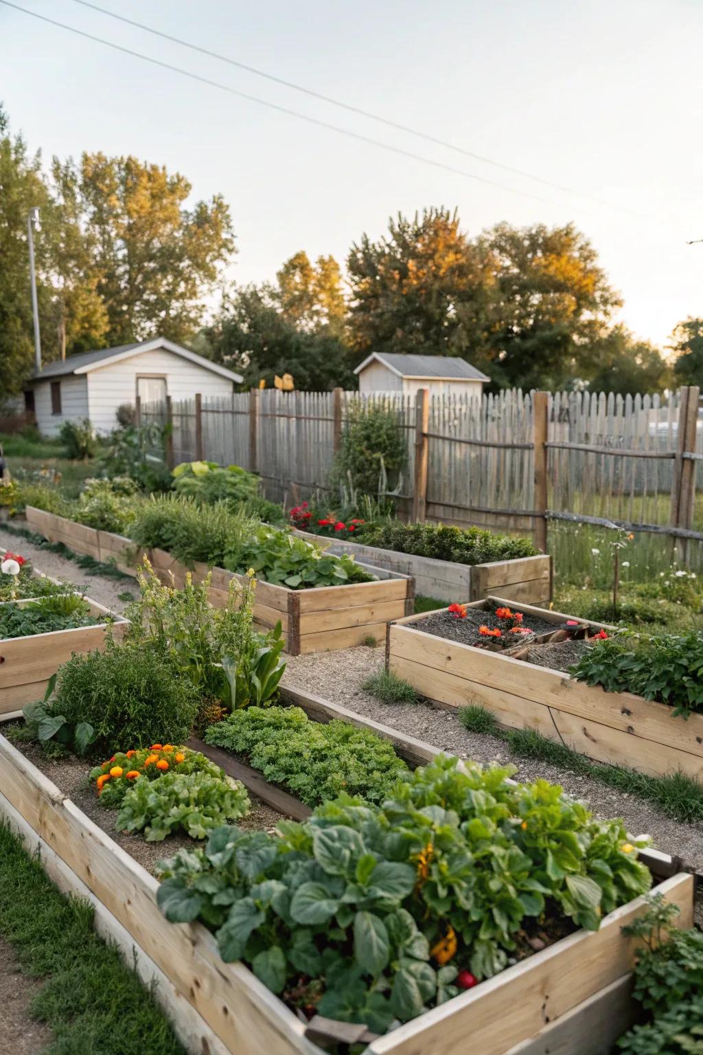 An edible garden paradise with raised beds in a backyard.