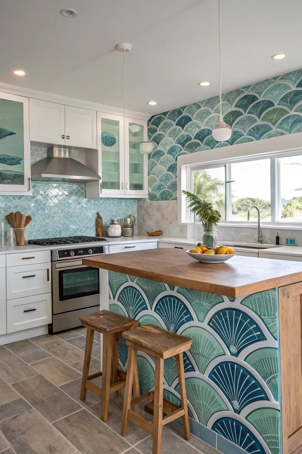 An ocean-inspired backsplash provides a stunning focal point.