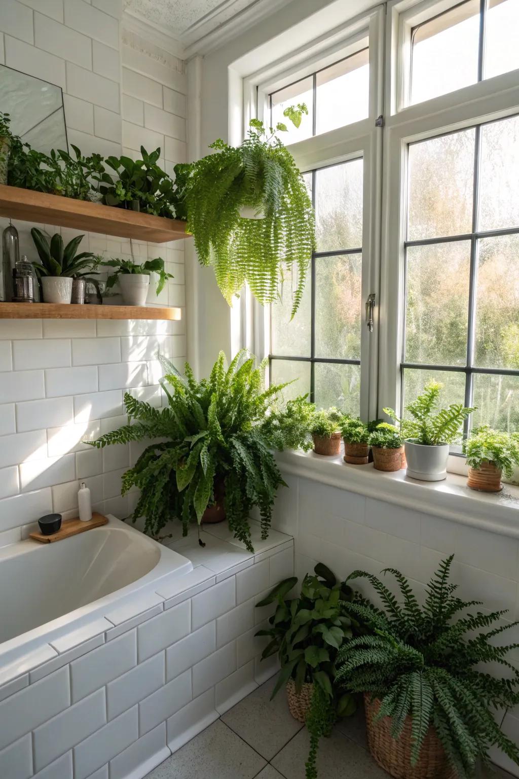 Greenery adds a refreshing touch of nature to the bathroom.