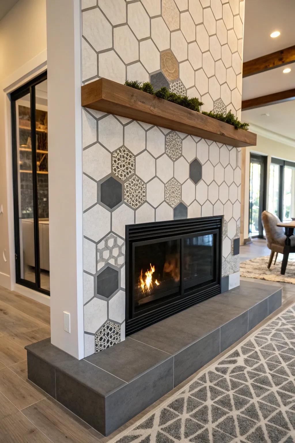 Fireplace featuring geometric hexagonal tile pattern.