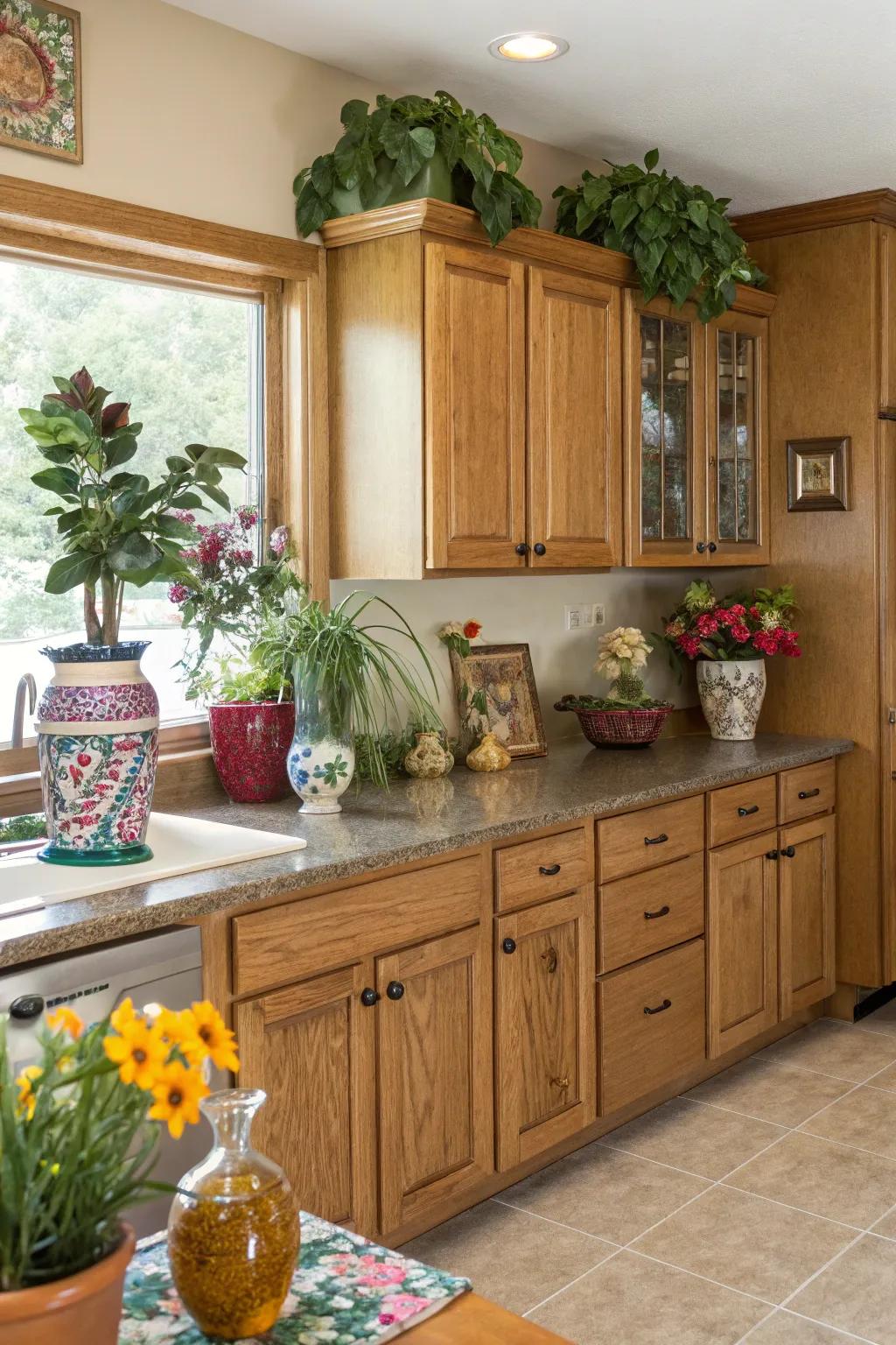 Decorative elements add personality and warmth to kitchens with oak cabinets.