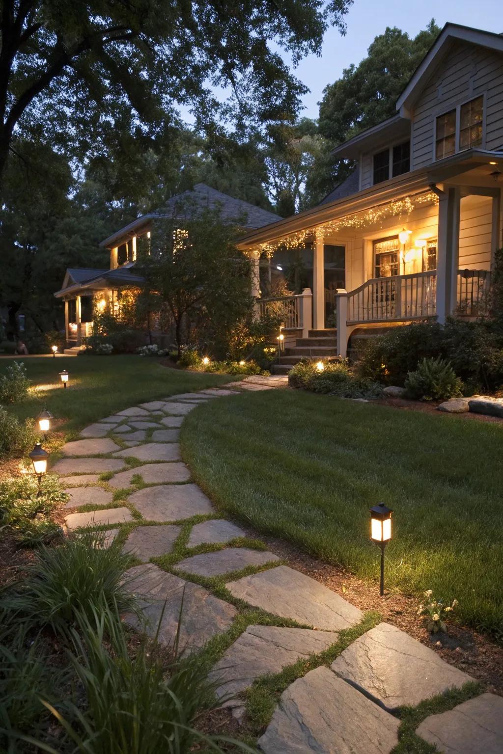 Outdoor lighting illuminating pathways in a modern front yard.