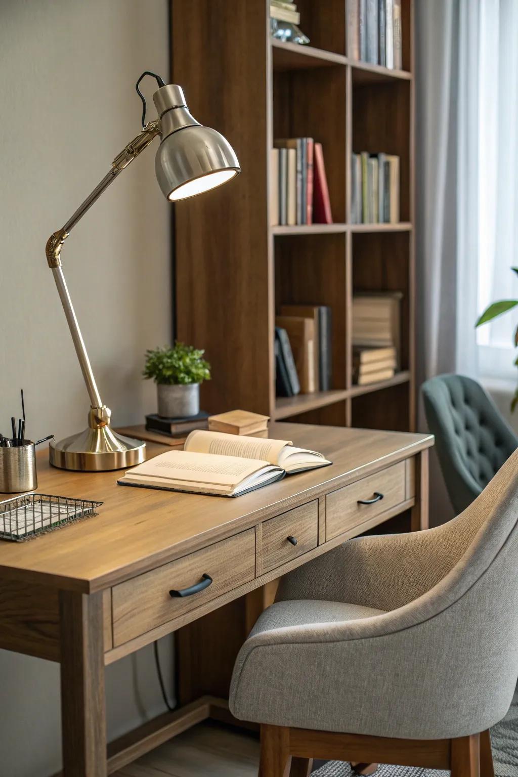 A study room rich in texture and material variety.