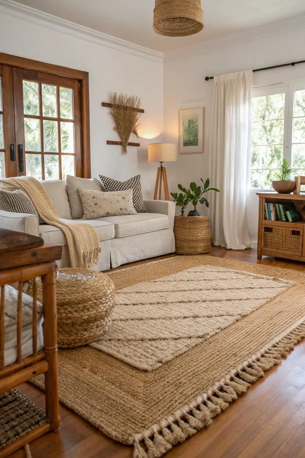 Textured rugs provide warmth and texture to a tropical living space.