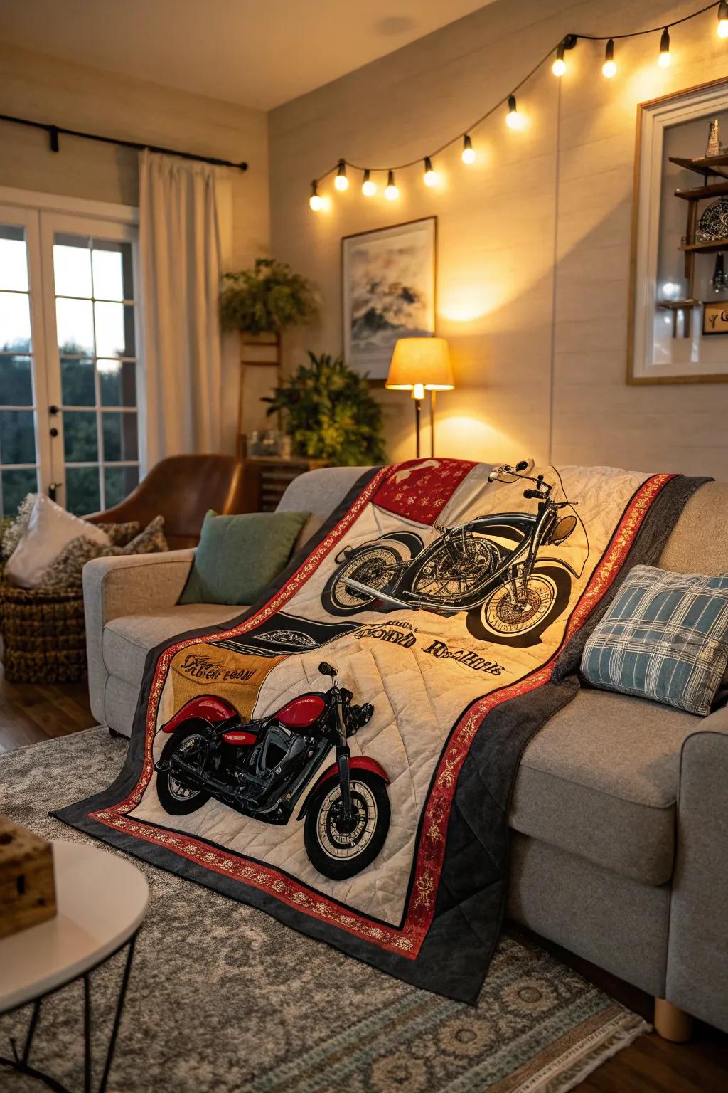 A cozy quilt with motorcycle motifs for added warmth.