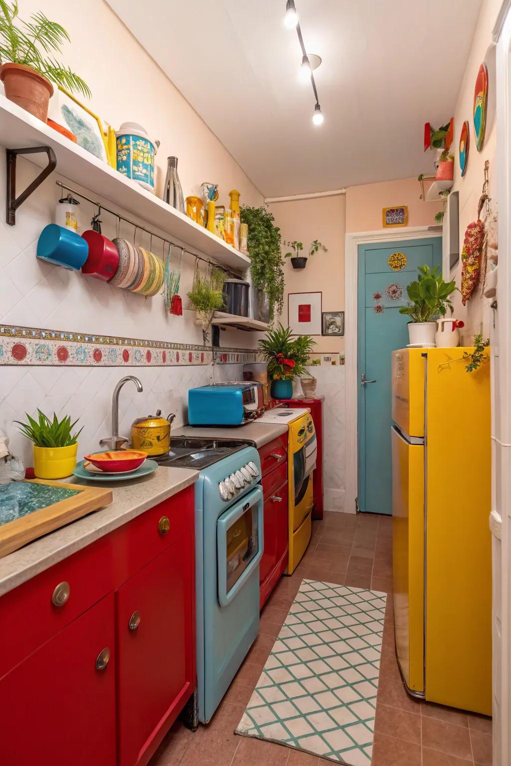 Pops of color add personality to a narrow kitchen.