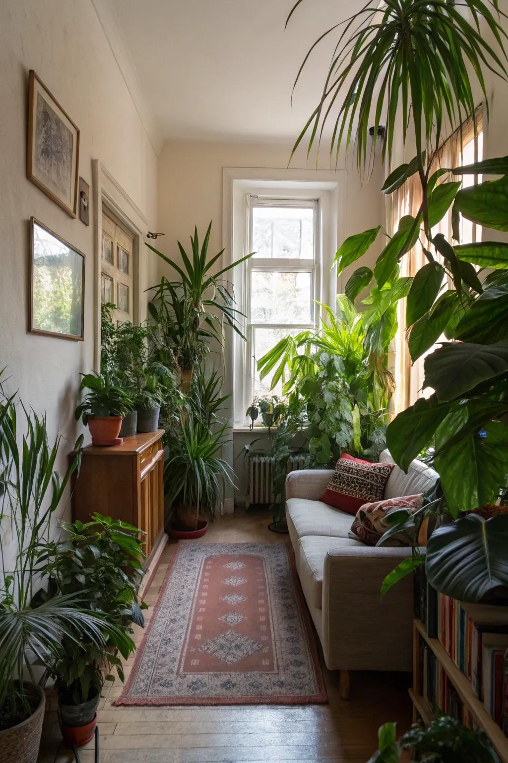 Tall indoor plants adding vibrancy to a narrow living room.