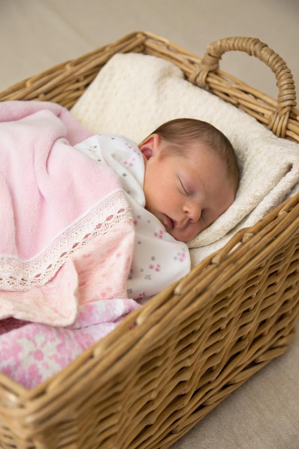 A charming newborn announcement in a cozy basket.