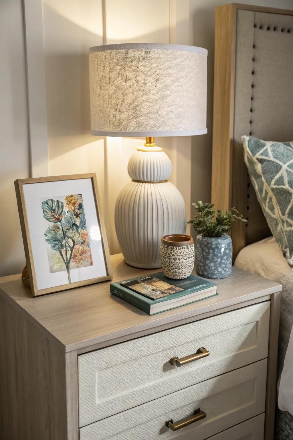 Express your personal style with artistic accents on your nightstand.