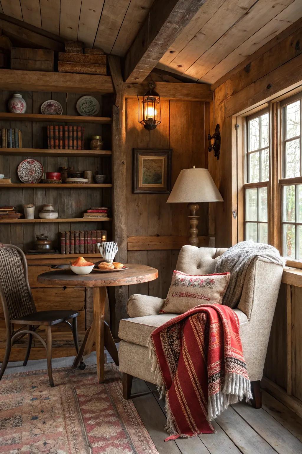 Capture rustic charm in your nook with farmhouse-inspired elements and warm textures.
