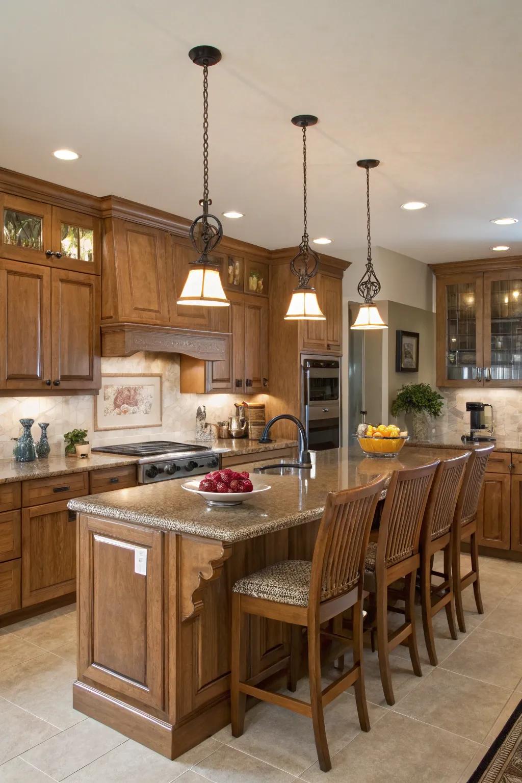 Pendant lighting sets the tone in an oak kitchen.