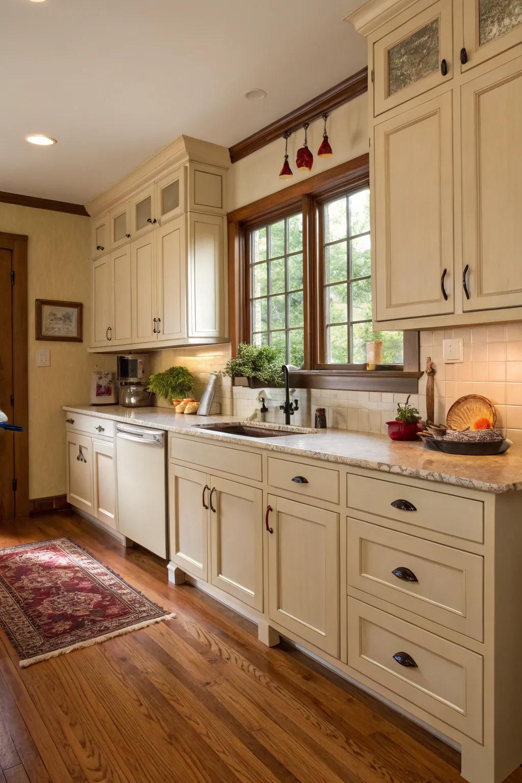 Wooden floors enhance the warmth of off-white kitchens.