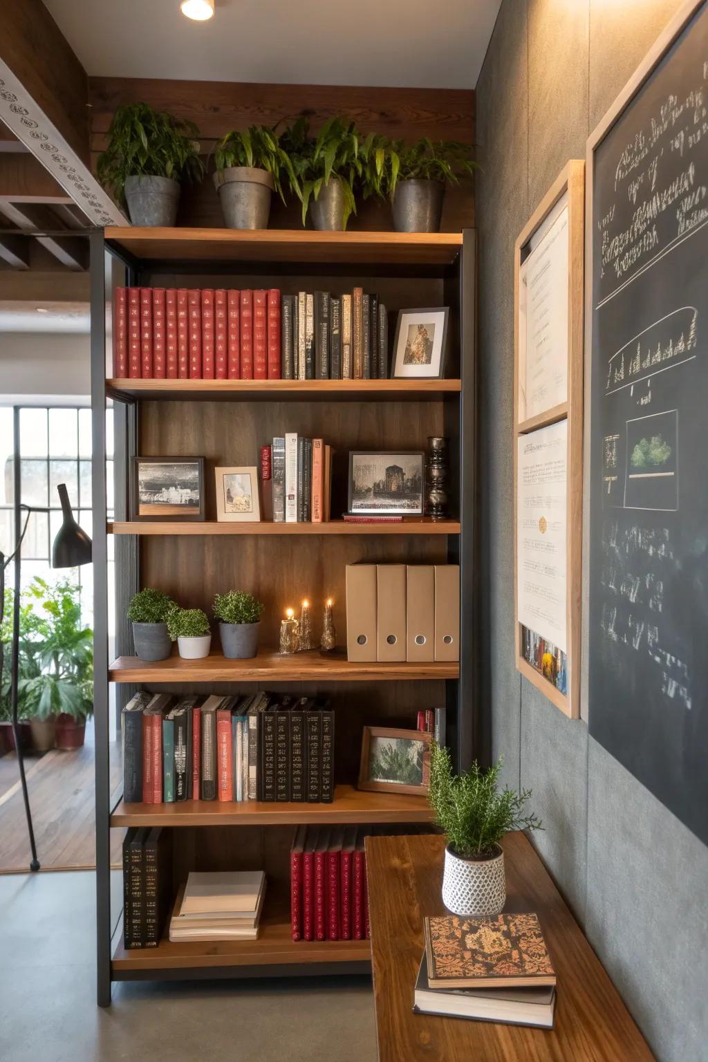 Add depth to your shelves with a chalkboard backdrop.