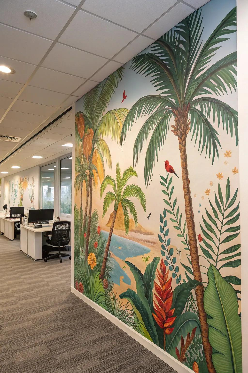 Bring a tropical escape into your office with lush murals.