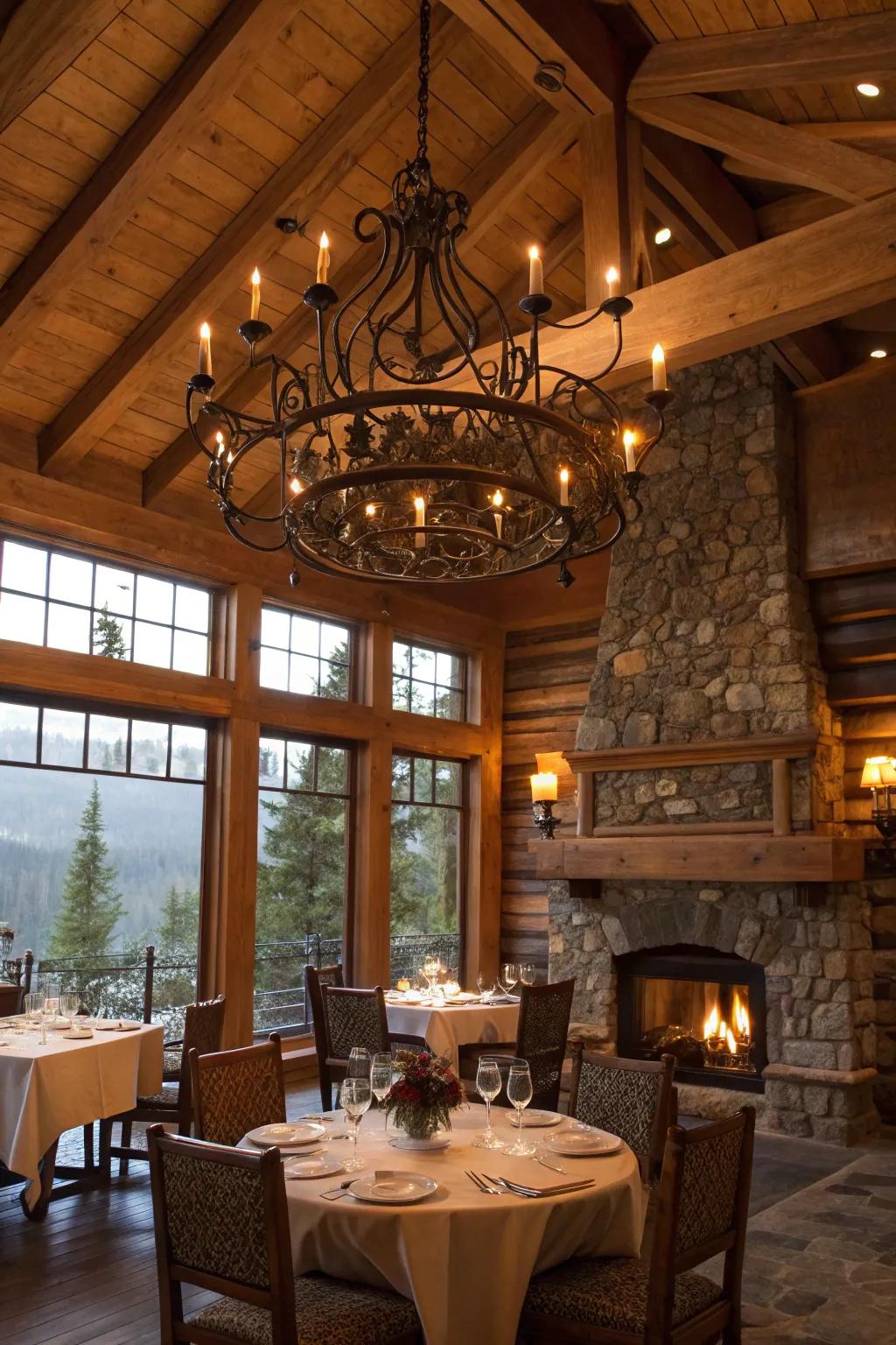 Rustic lodge dining area illuminated by a stunning wrought iron chandelier.