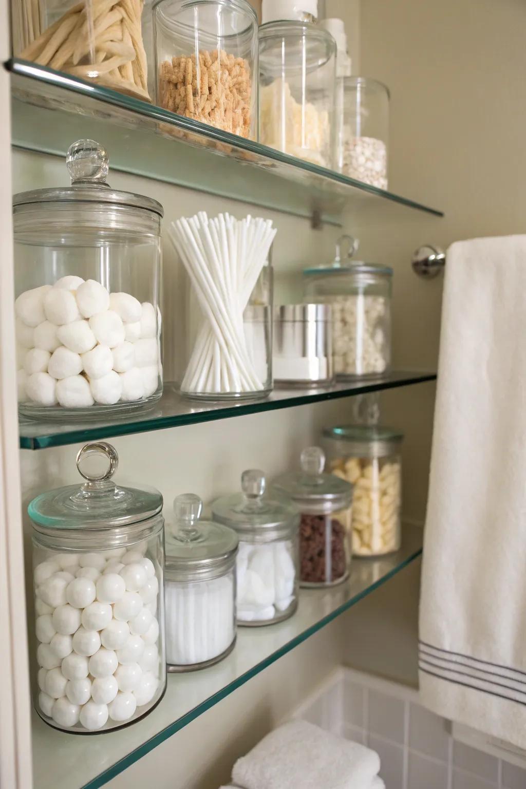 Glass jars offer stylish storage for small bathroom essentials.