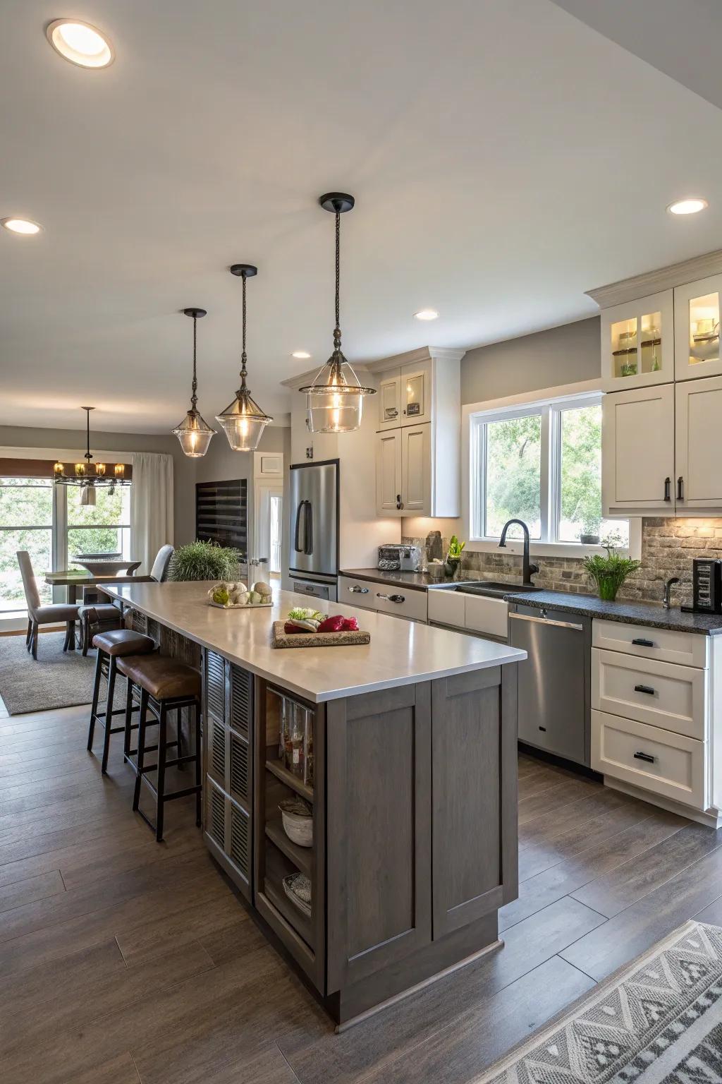 A functional kitchen with an island seamlessly integrated into the open space.