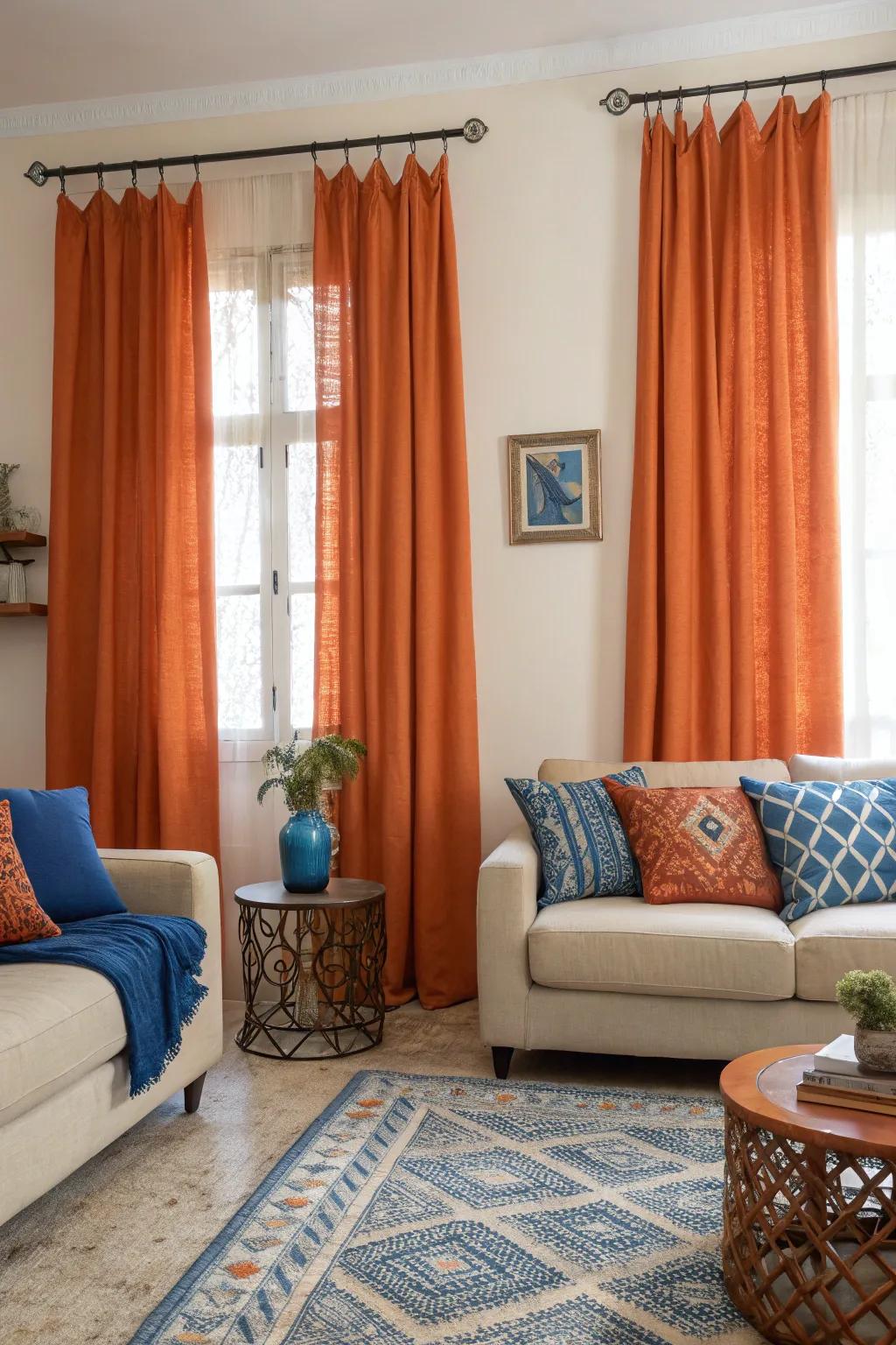 Vibrant contrast created by orange and blue decor.