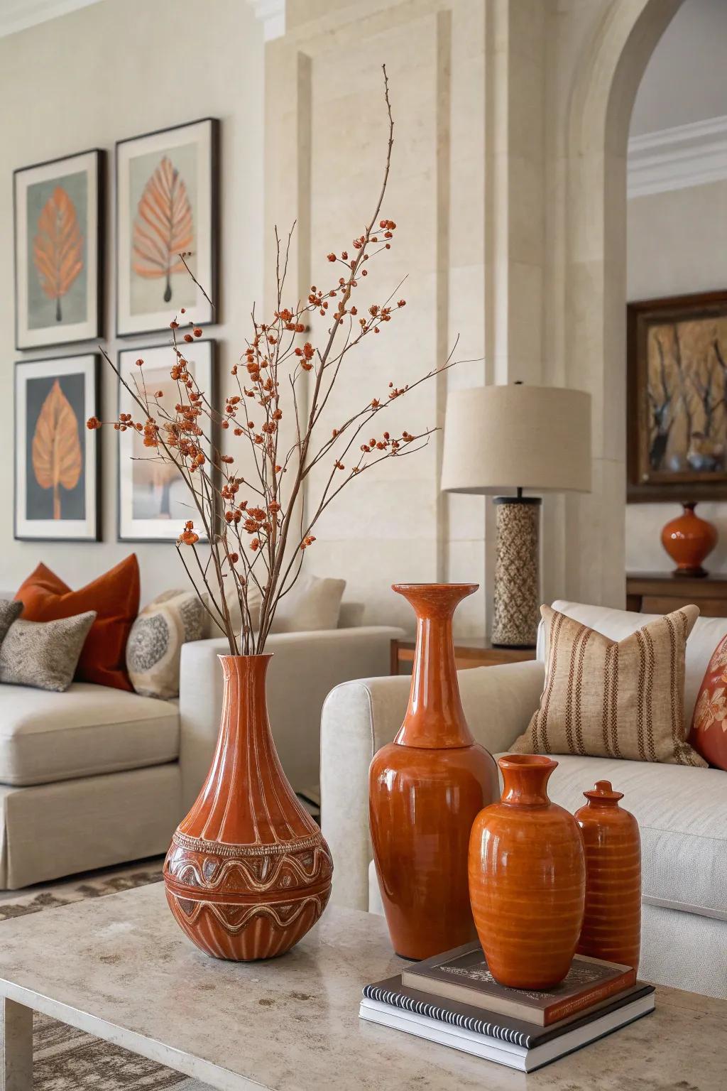 A modern living room with subtle orange accents such as vases and artwork.