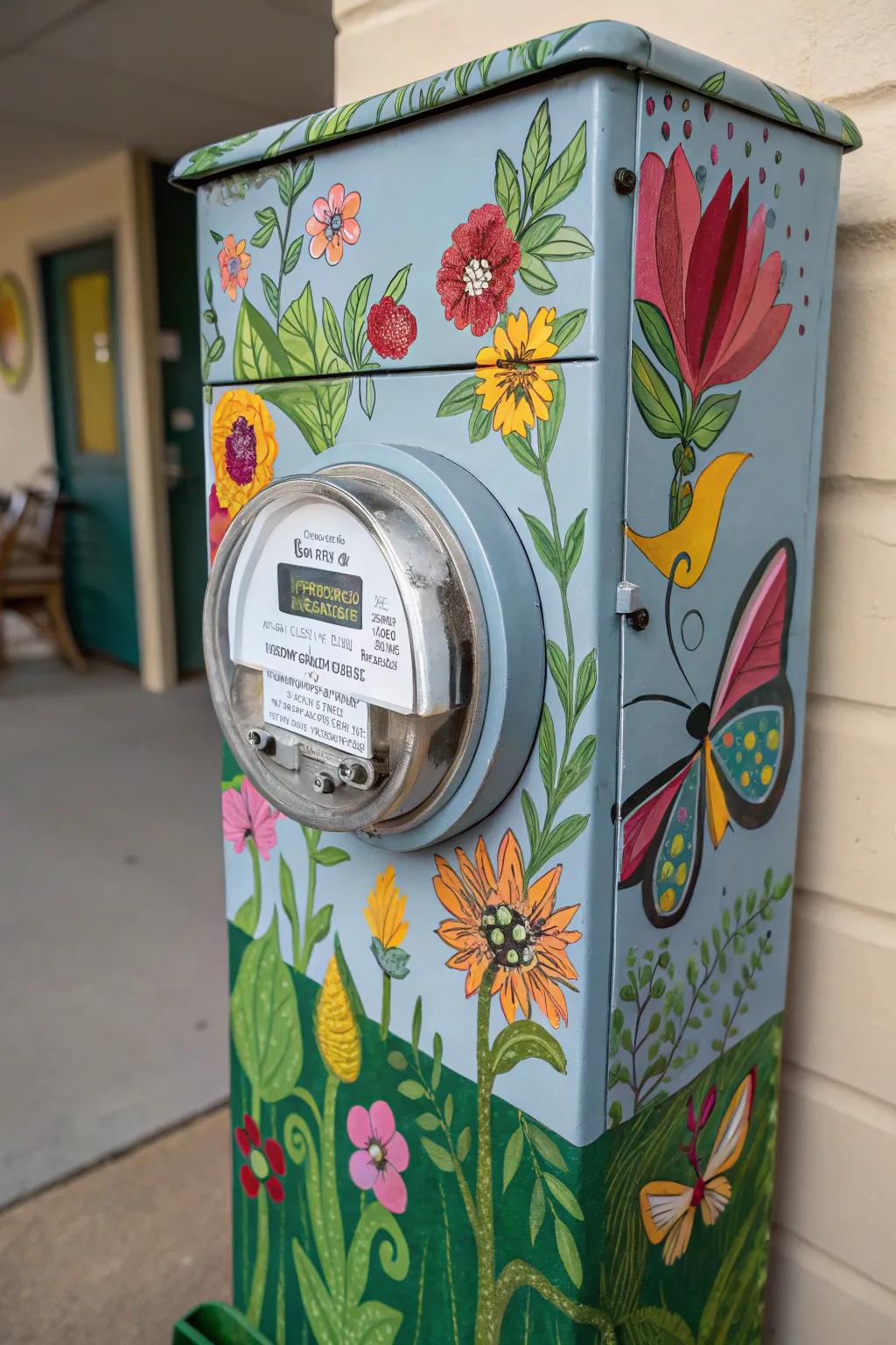 A painted meter transforms into a piece of garden art.