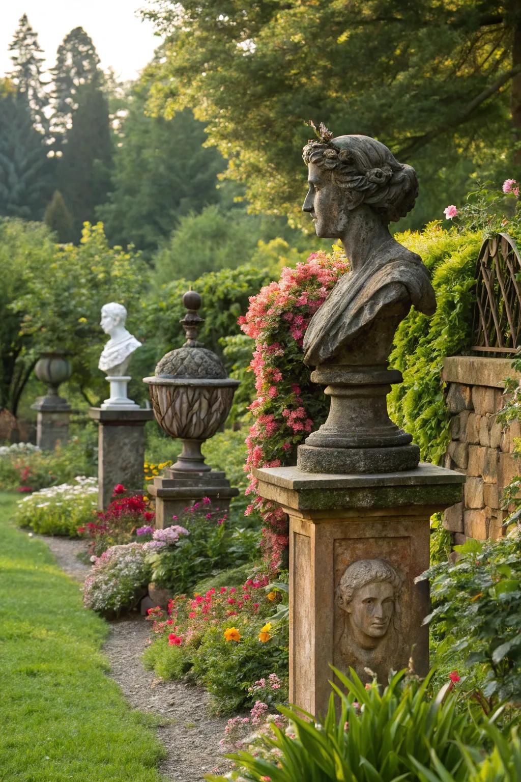 Artistic sculptures adding character to the garden.