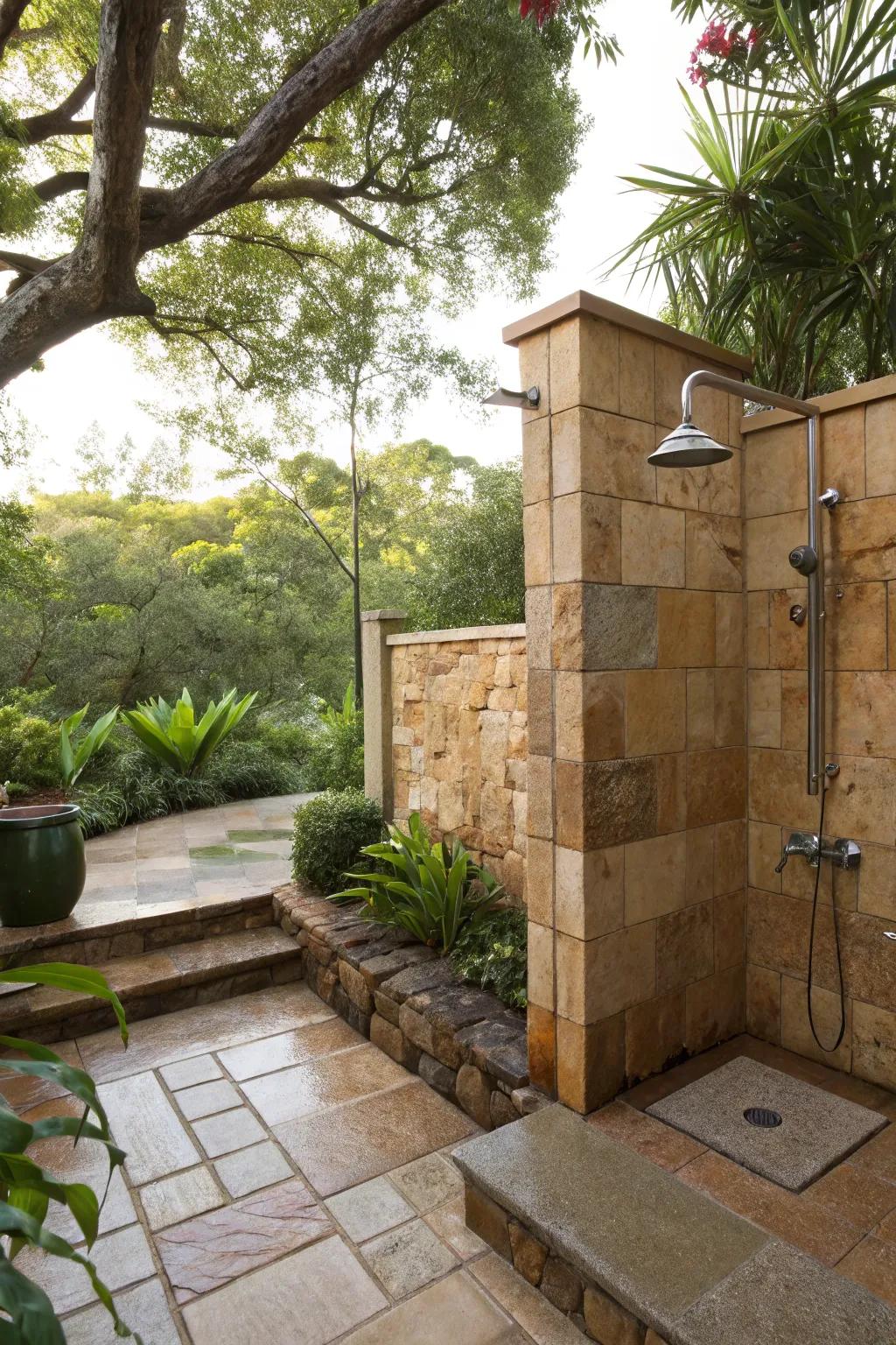 An outdoor shower with warm, beach-inspired sandstone tiles.