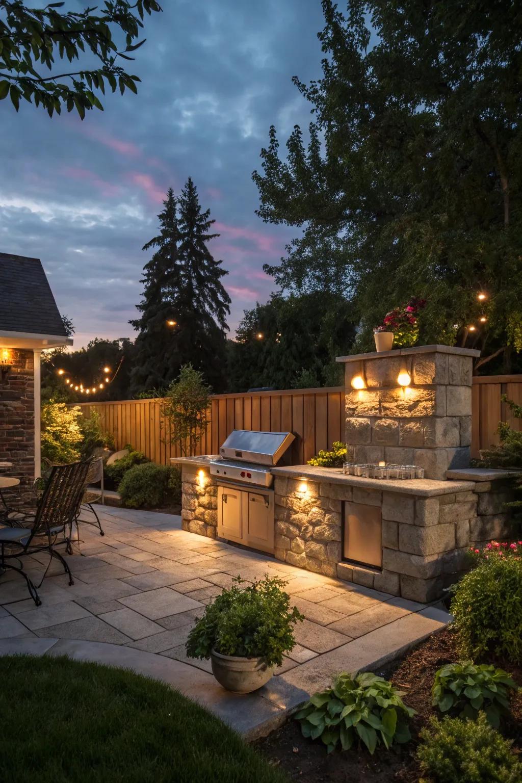 Illuminate your BBQ area with ambient lighting for a magical evening.