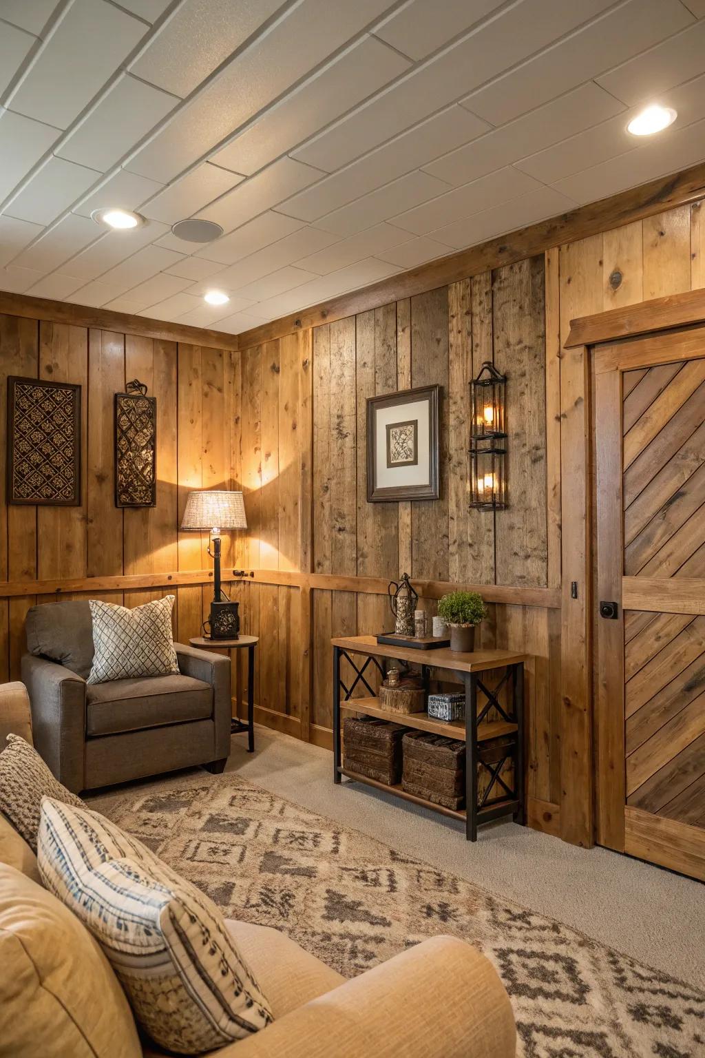 Room with salvaged wood panels for rustic charm.