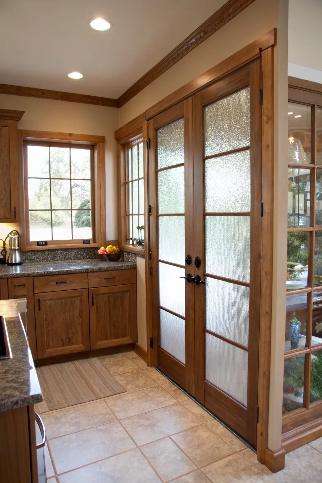 Frosted glass doors offer privacy with a modern edge.