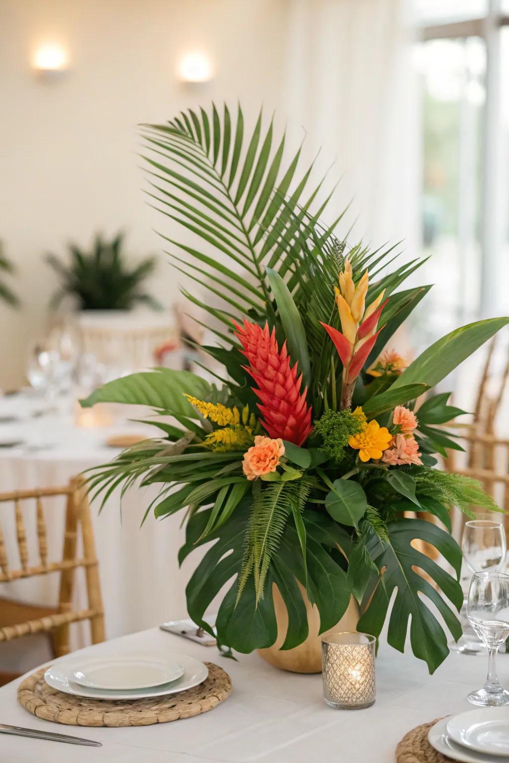 A tropical-themed centerpiece with palm leaves.