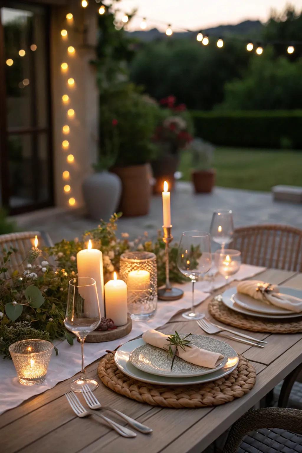 Candles add a romantic and tranquil glow to intimate patio gatherings.