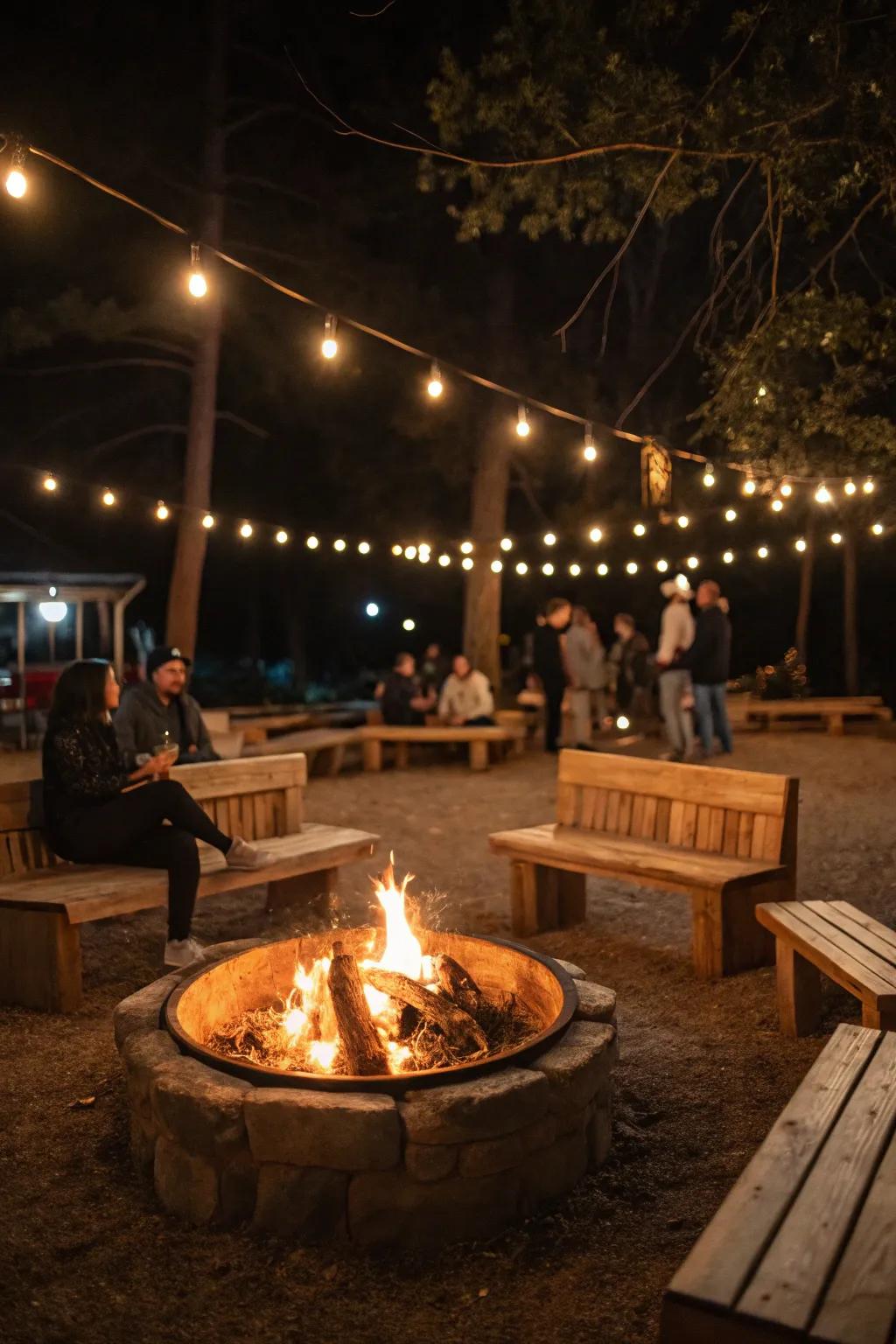 String lights enhance the fire pit experience.