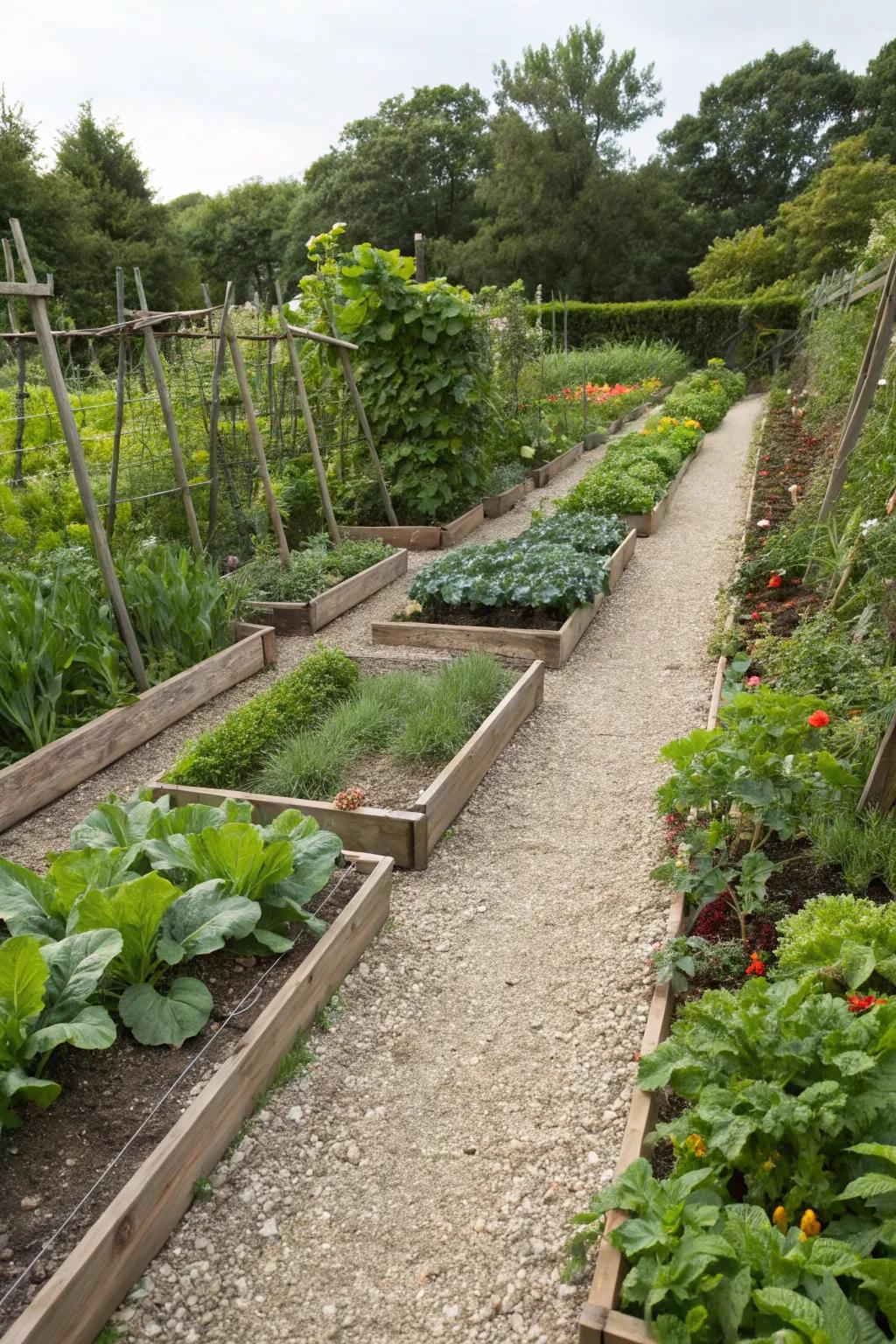 Enhance your vegetable garden with pea gravel paths.