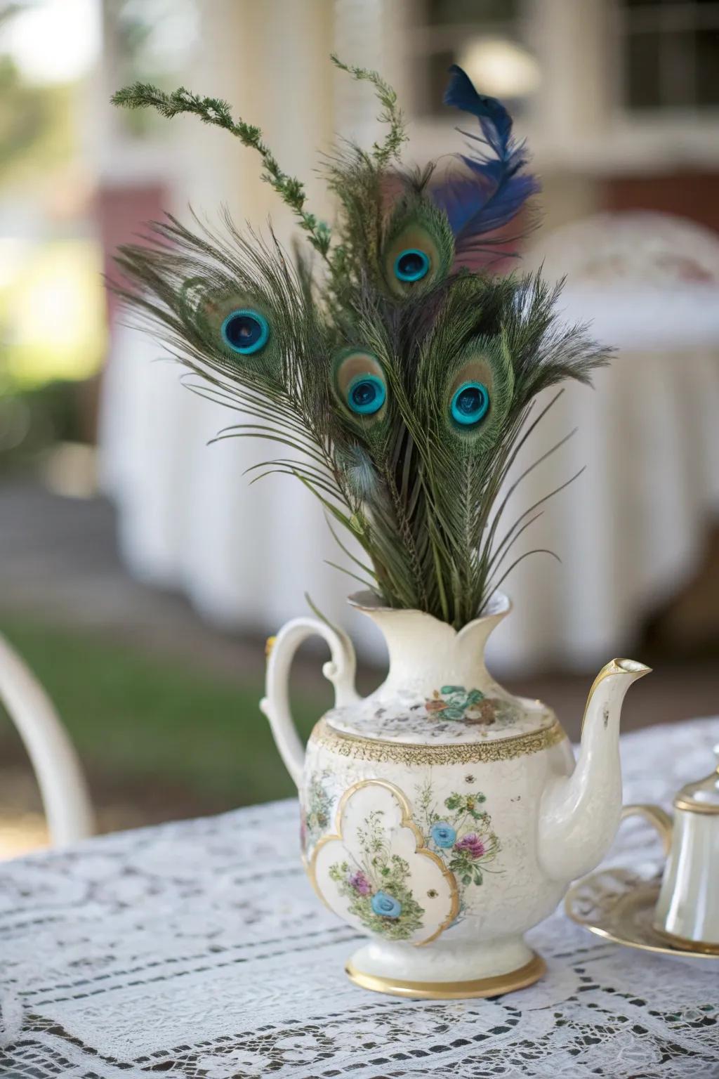 Nostalgic elegance with a vintage teapot and peacock feathers.