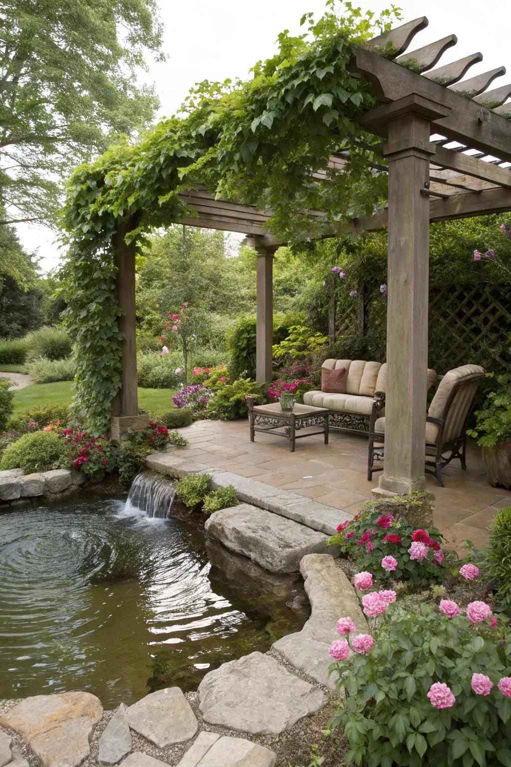 Add a calming water feature to enhance your pergola's ambiance.