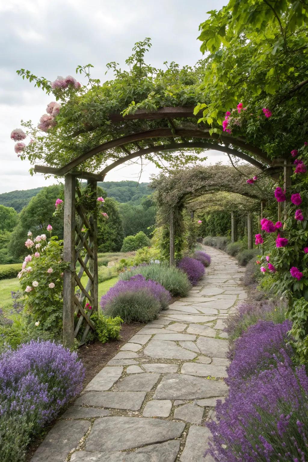 An arbor over a pathway invites exploration and wonder.