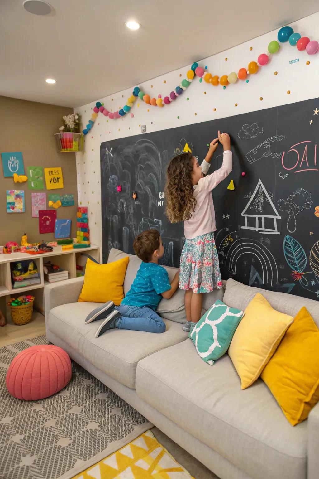 A creative playroom with a chalkboard fabric couch.