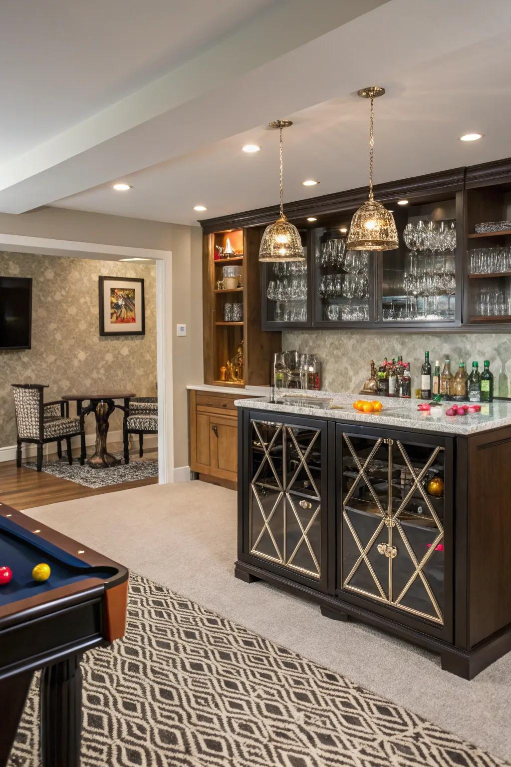 A sophisticated playroom with a stylish home bar.