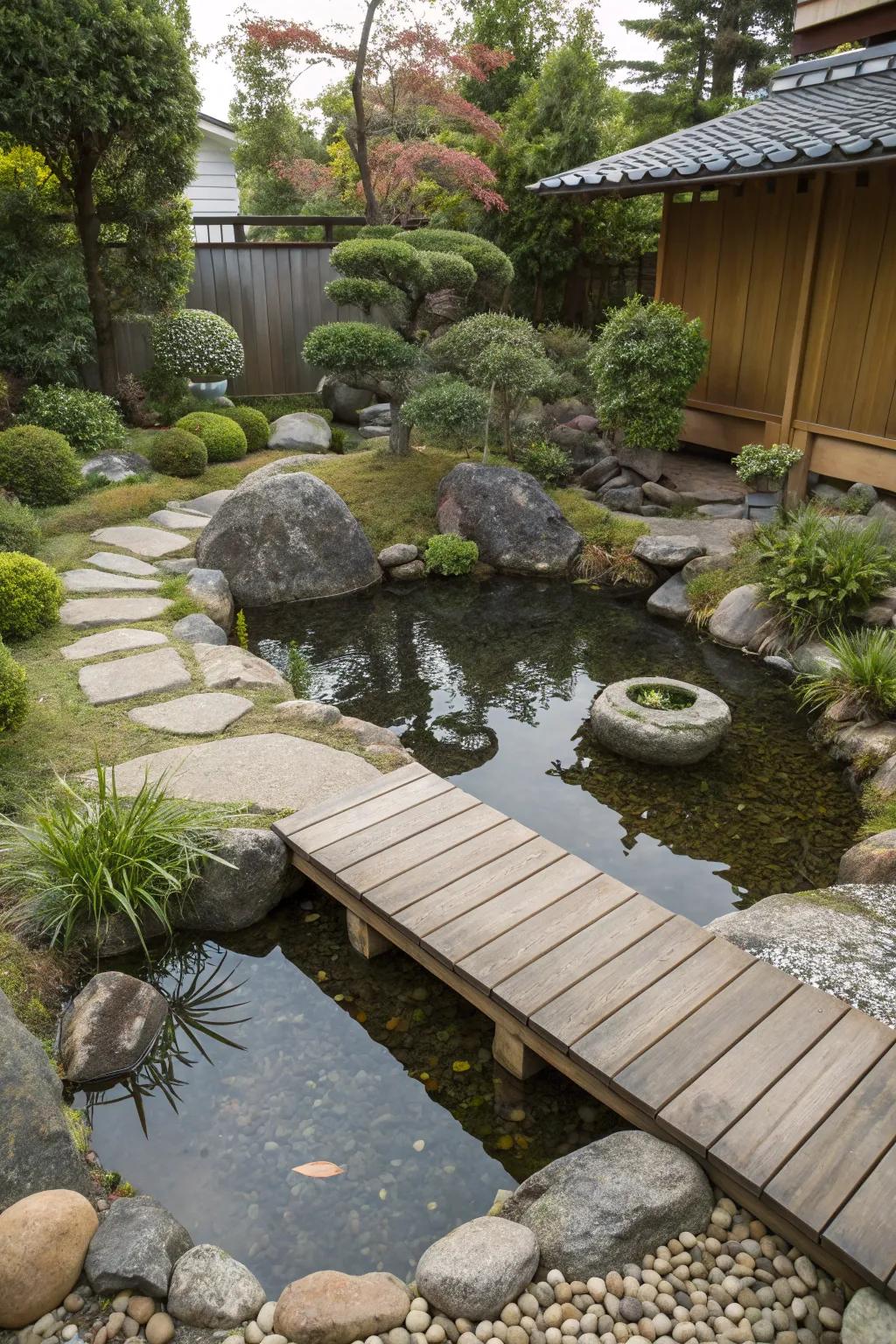 A tranquil zen container pond in a backyard setting.