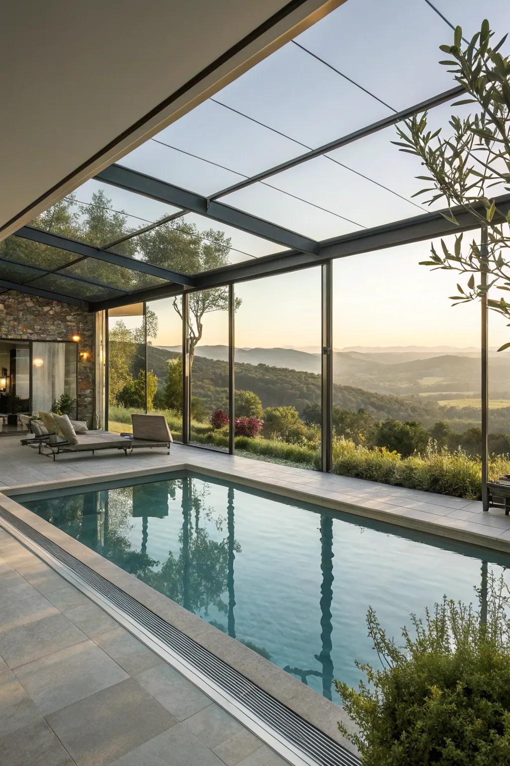 A stunning glass-walled pool house offering panoramic views.