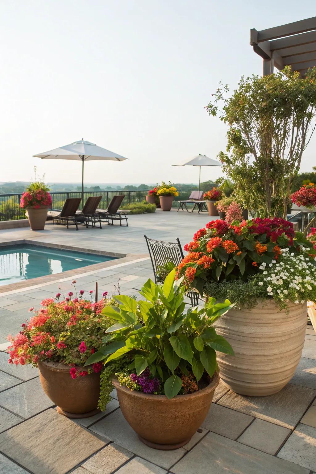 Infuse your pool patio with life using a variety of potted plants.