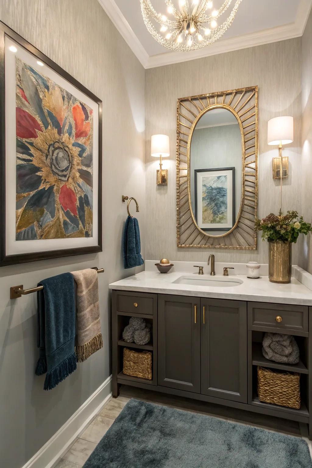 A powder room transformed by art and stylish decor.