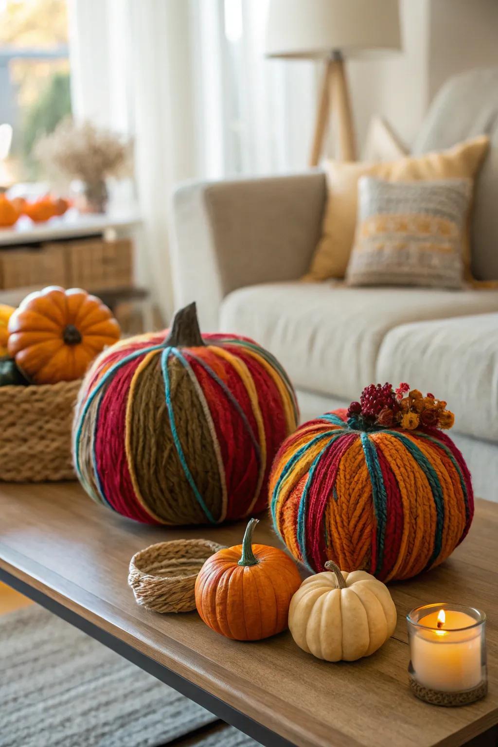 Yarn-wrapped pumpkins adding a cozy touch.