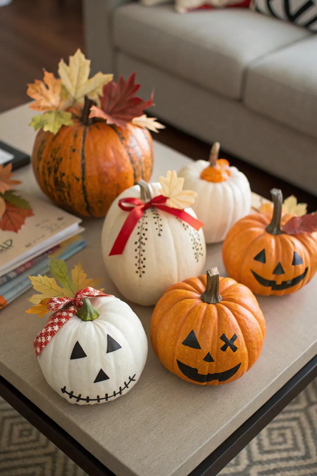 Enhance decor with charming miniature decorated pumpkins.