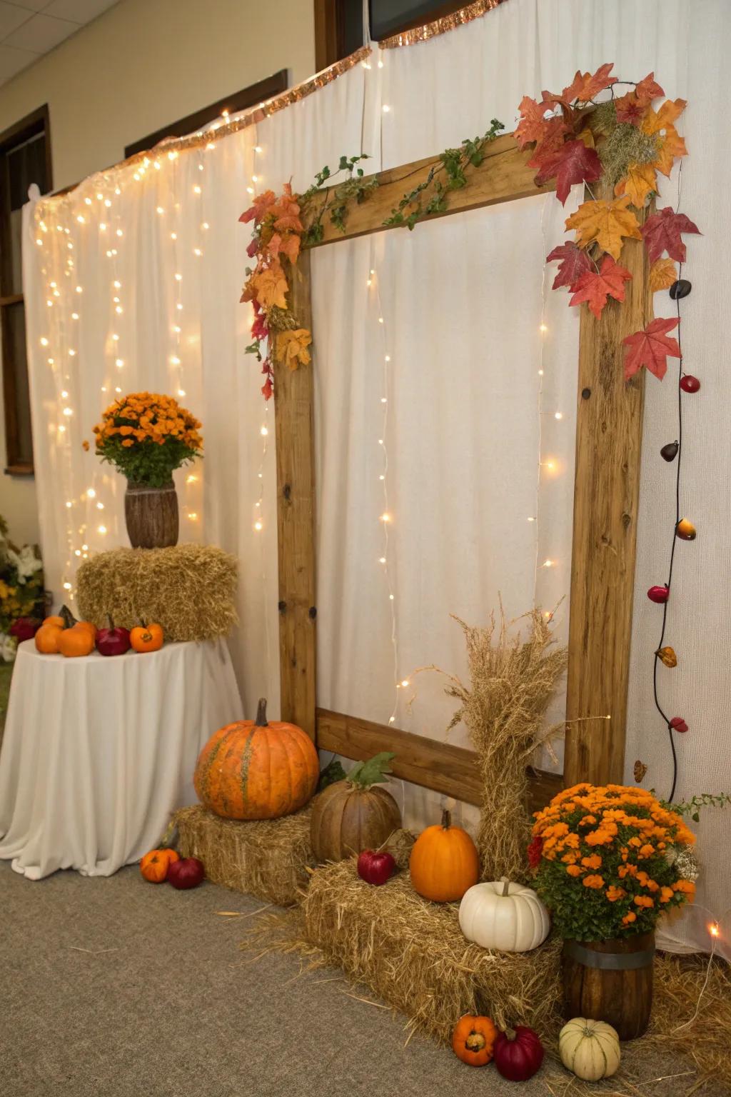 A festive photo booth backdrop featuring pumpkins.