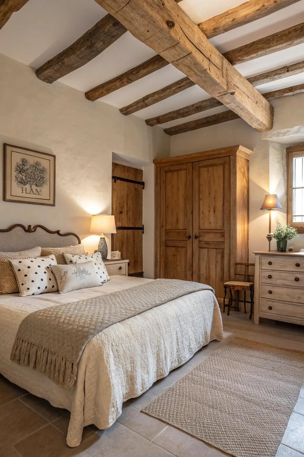 A bedroom featuring neutral soft bedding and rustic decor accents.